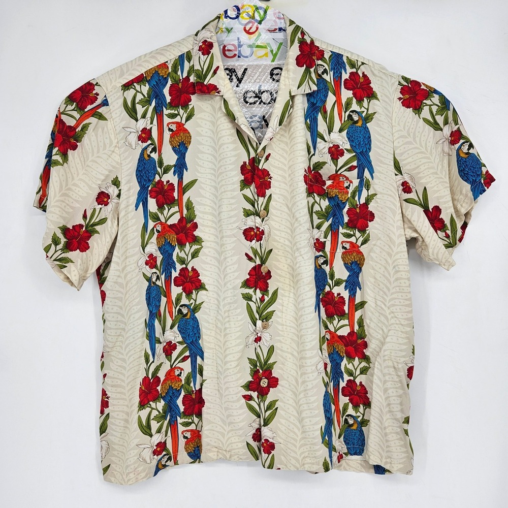 Vintage Paradise Found Shirt Mens 2XL Parrots Button Up Short Sleeve Floral